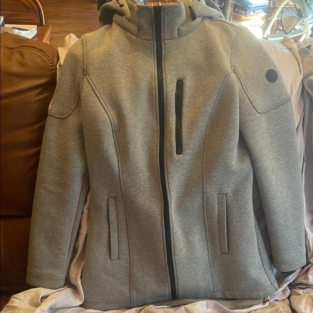 Andrew Marc ladies hooded knit jacketLight Gray Zip-Up front